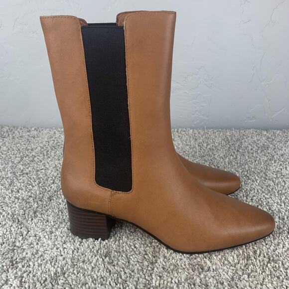 J. Crew Boots Womens Size 7.5 Brown Tan Chelsea Block Heel Leather Ankle Pull On - Picture 2 of 12